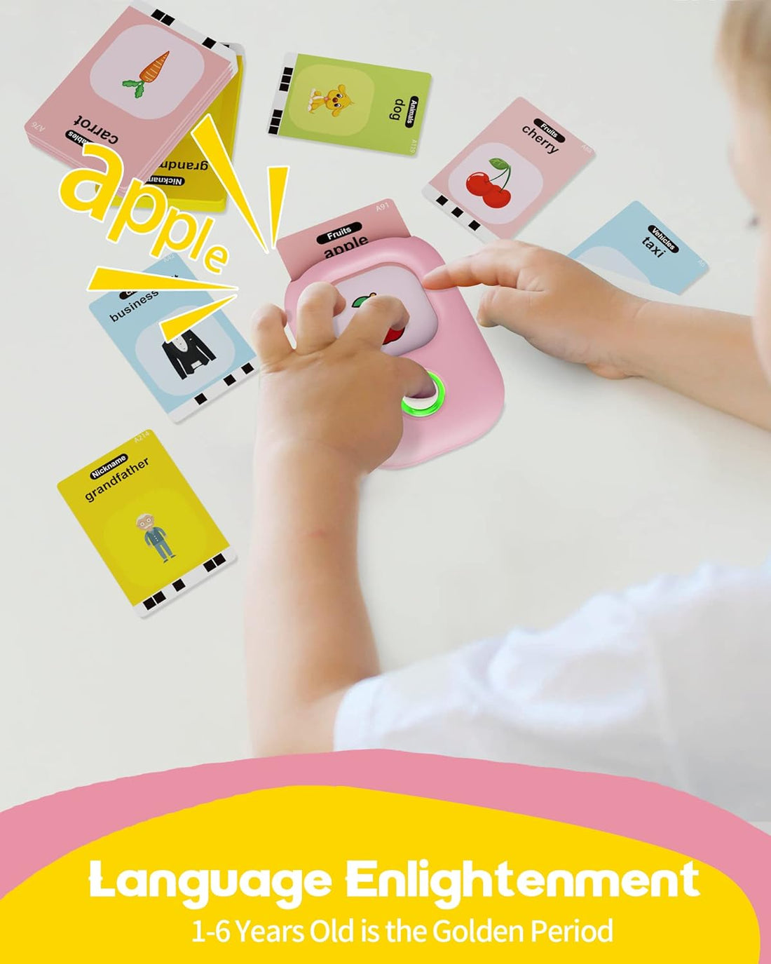 Child inserting a word card into the pink talking flash card reader