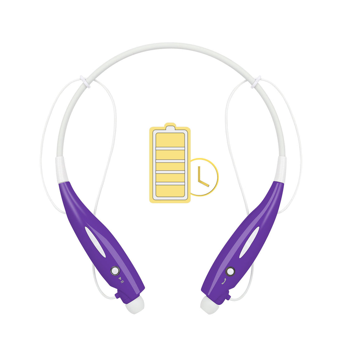 Purple neckband headphones with battery icon