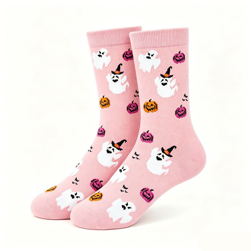 Sweet and Cool Pink Purple Contrasting Color Halloween Mid-Calf Cotton Socks