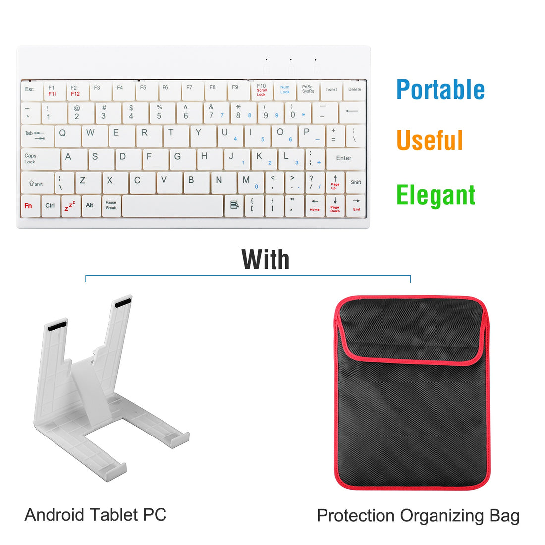 White mini keyboard with tablet stand and protective carry bag