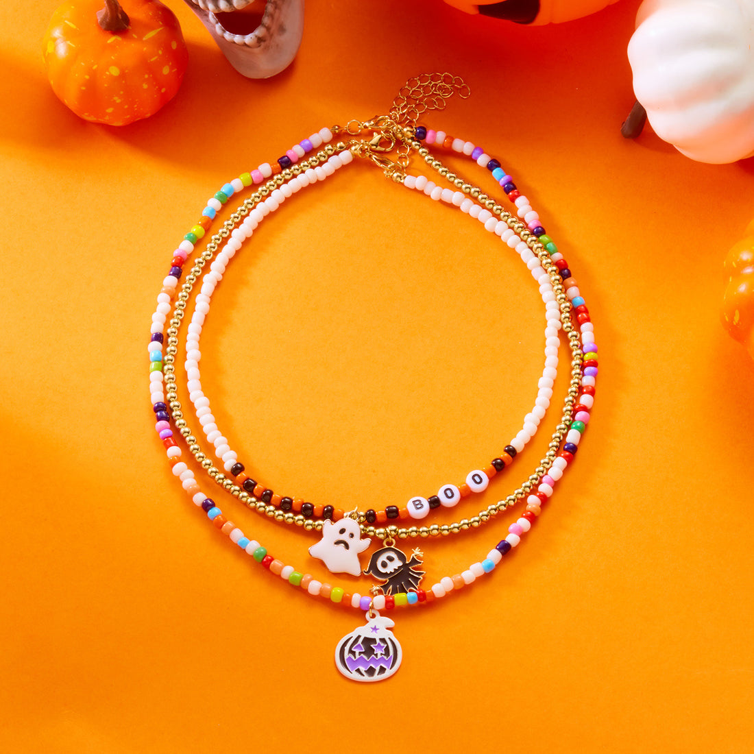 Halloween Beaded Ghost Pumpkin Pendant Necklace