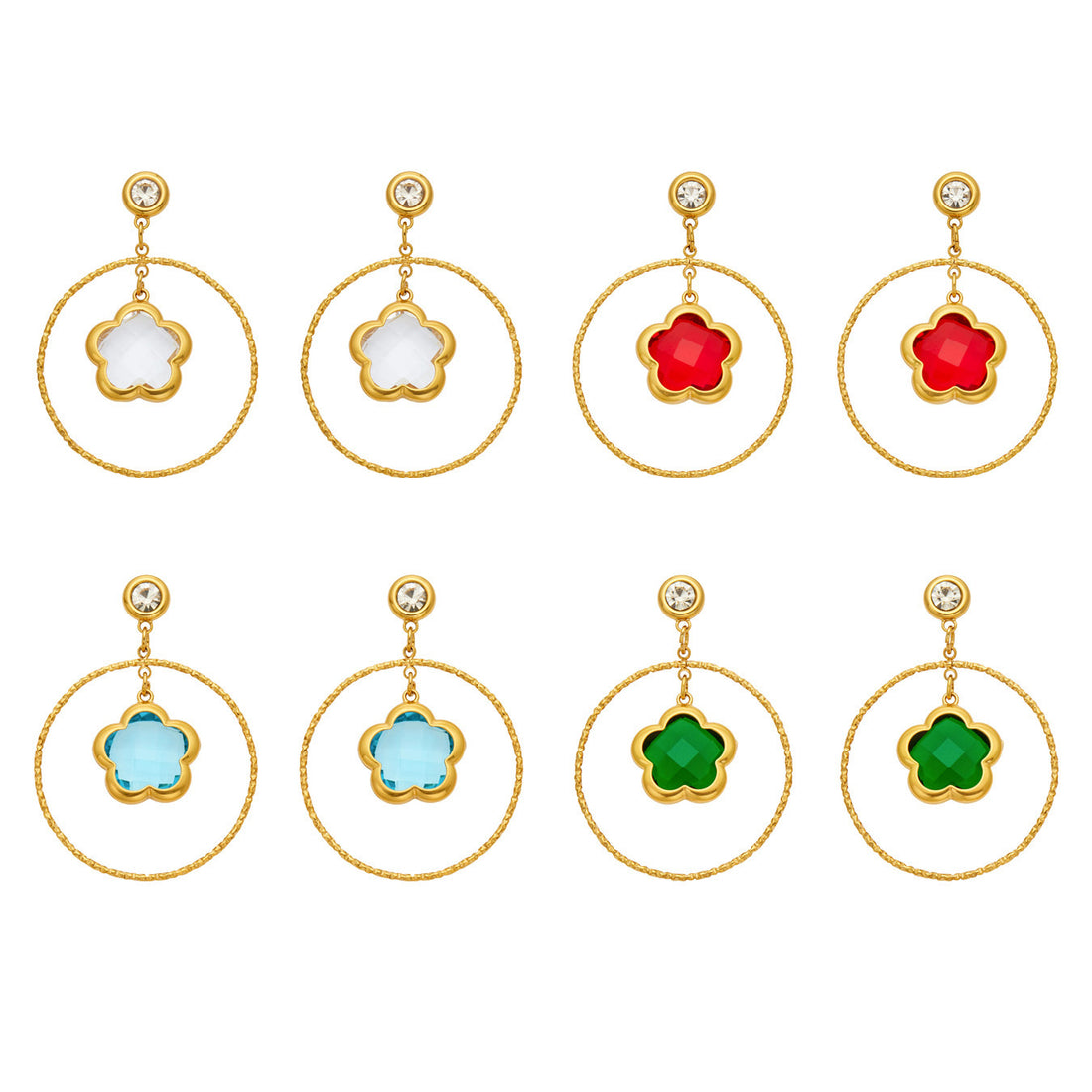 Large circle flower-shaped glass stone long earrings