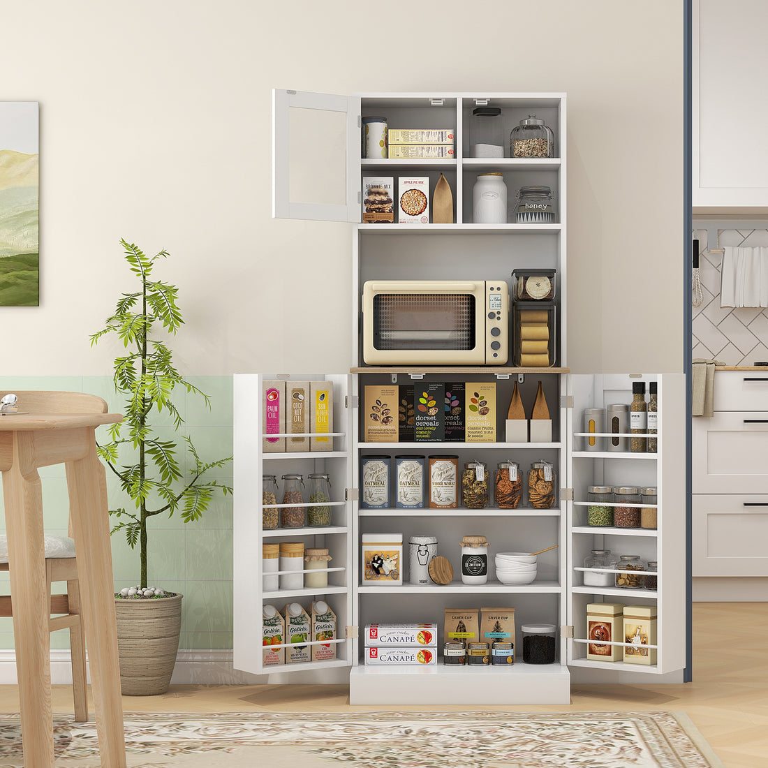 White 66.5 inch tall kitchen pantry cabinet with adjustable shelves