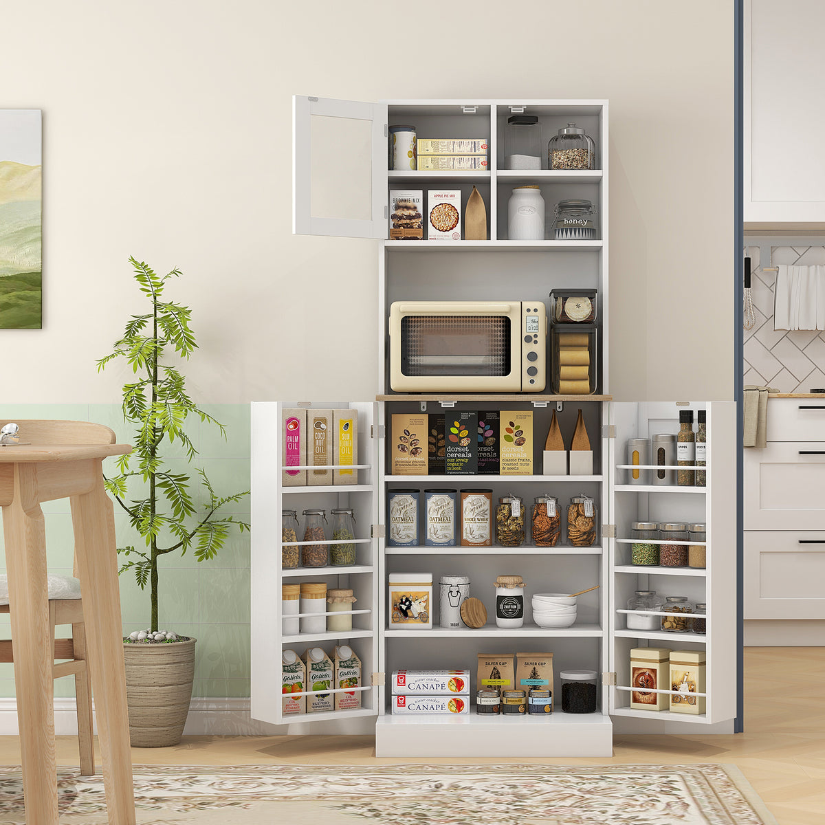 White 66.5 inch tall kitchen pantry cabinet with adjustable shelves