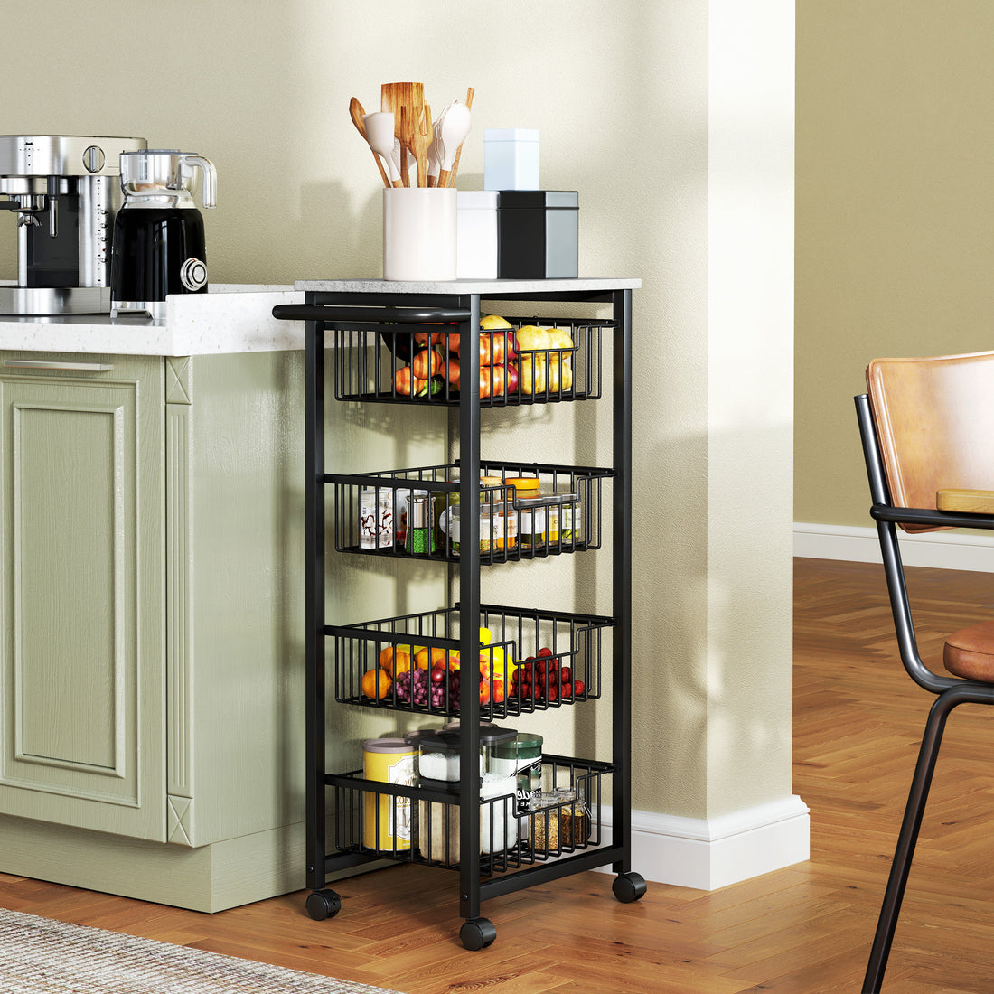 Kitchen island cart storage baskets close-up
