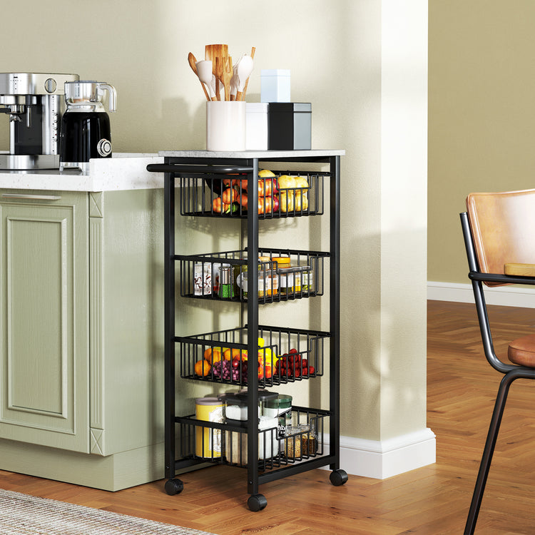 Kitchen island cart storage baskets close-up