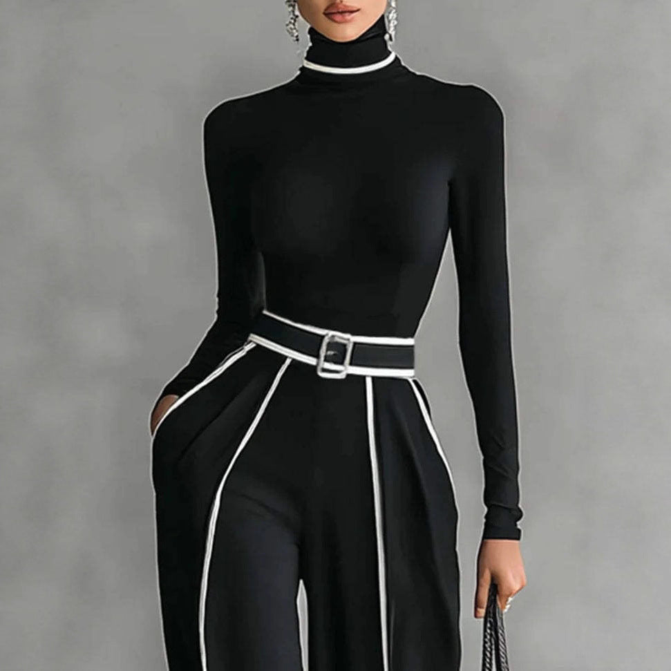 Black knit stand-collar top and wide-leg pants two-piece set, photo 6