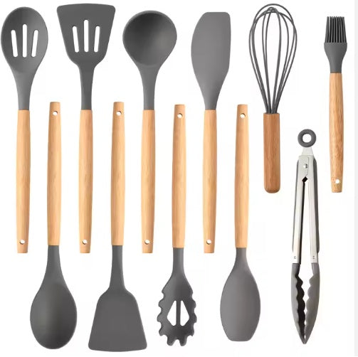 12 piece silicone kitchen utensils set with wooden handles in gray