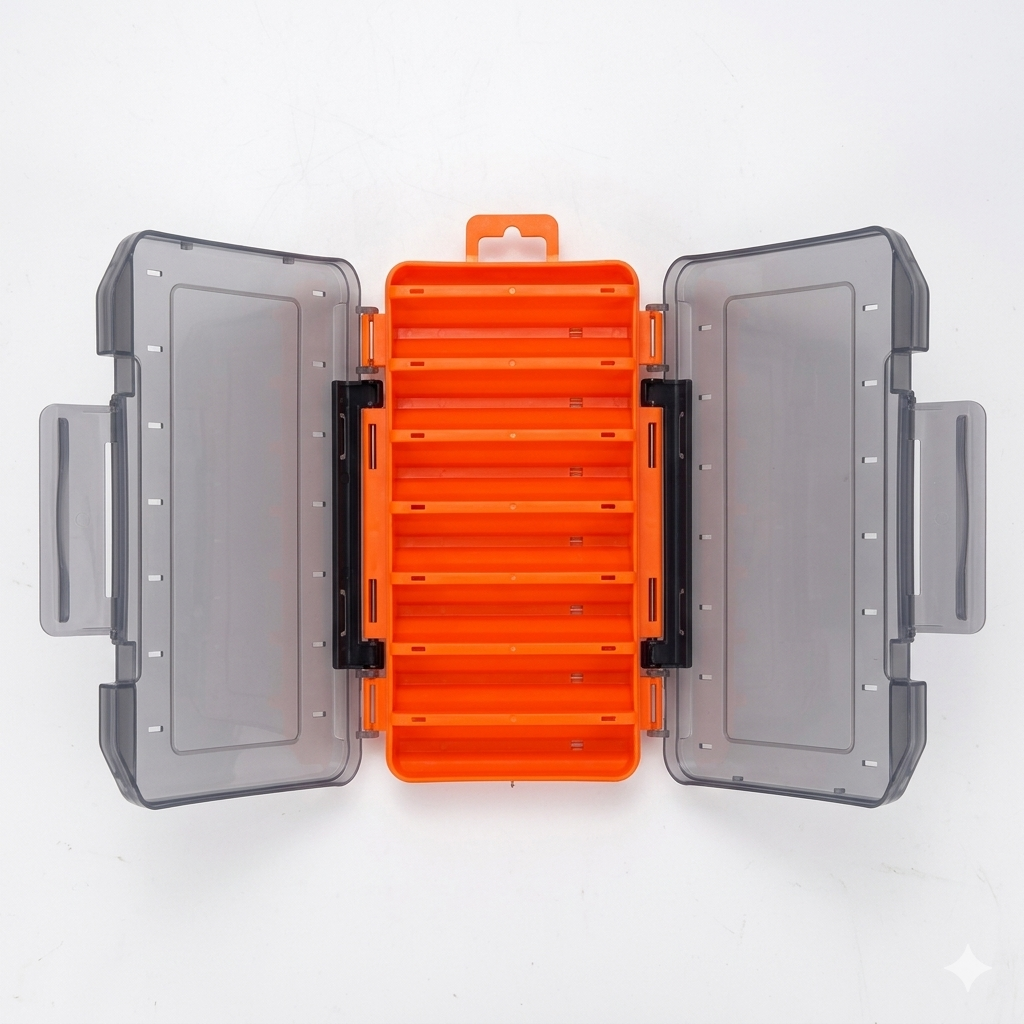 Tackle box loaded with lures and hooks