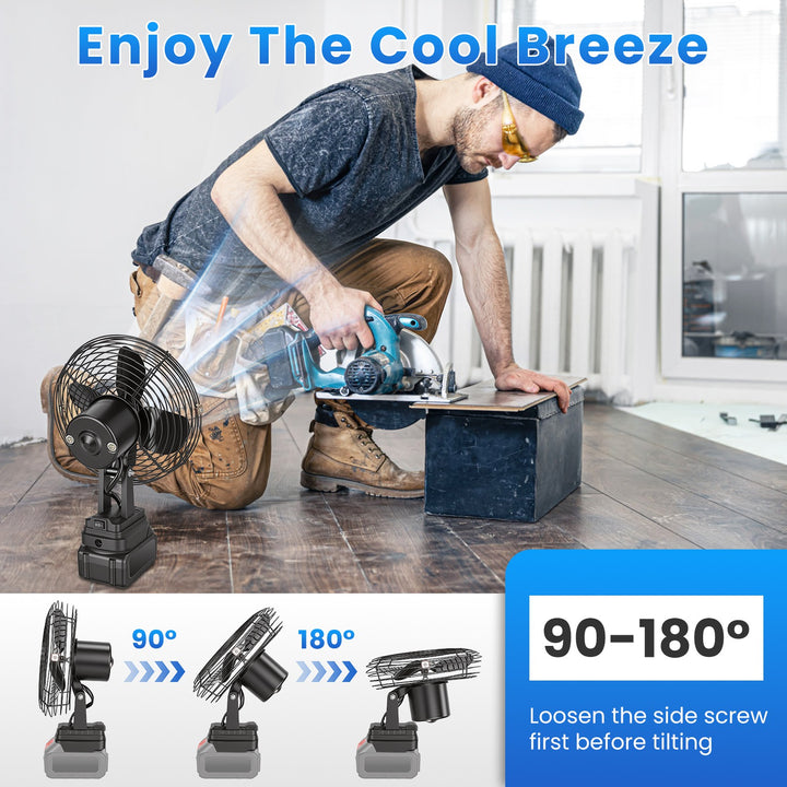 Jobsite fan powered by a clip-in power tool battery