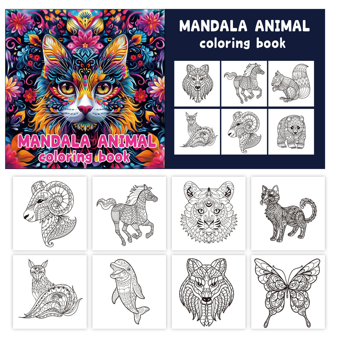 Square adult coloring book with mandala and fantasy designs, photo 2