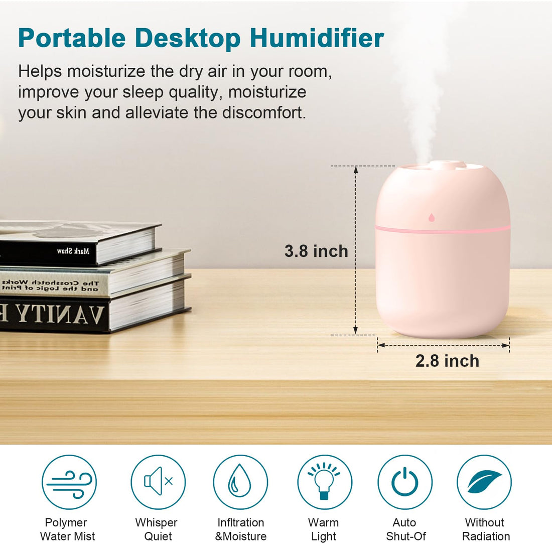 Cool mist humidifier next to a nightstand lamp