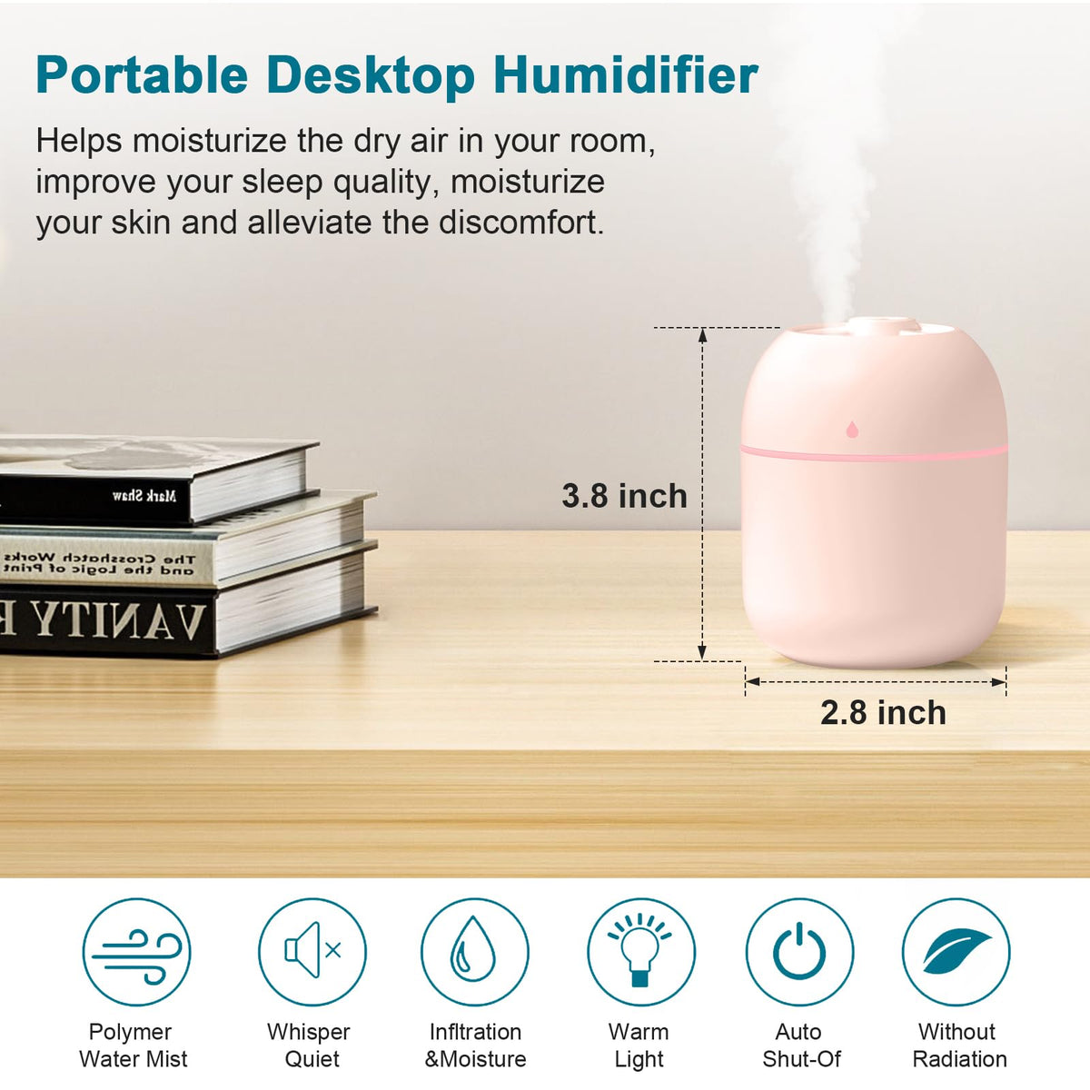 Cool mist humidifier next to a nightstand lamp