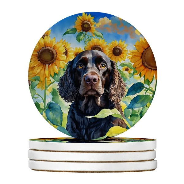 Sandstone coasters set of 4 with black spaniel in sunflowers watercolor, Style5