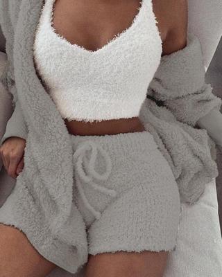 Women's 3-piece fleece pajama set in gray with white tank top