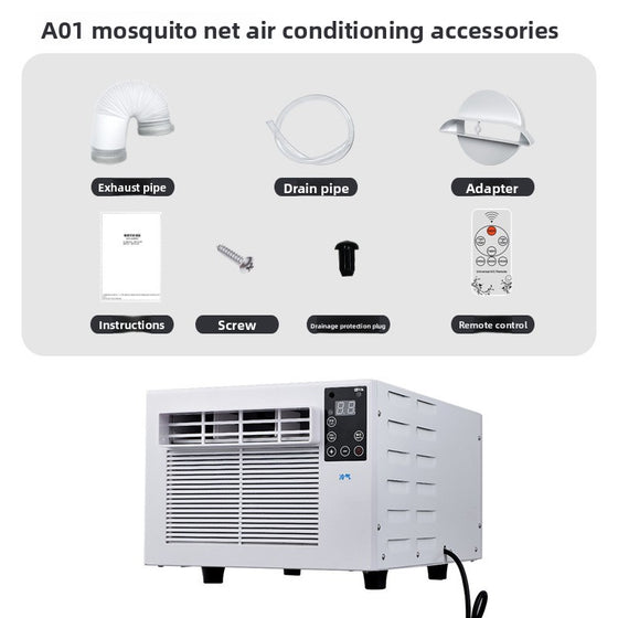 Air conditioner with its accessories: exhaust pipe, drain pipe, adapter, remote and screws