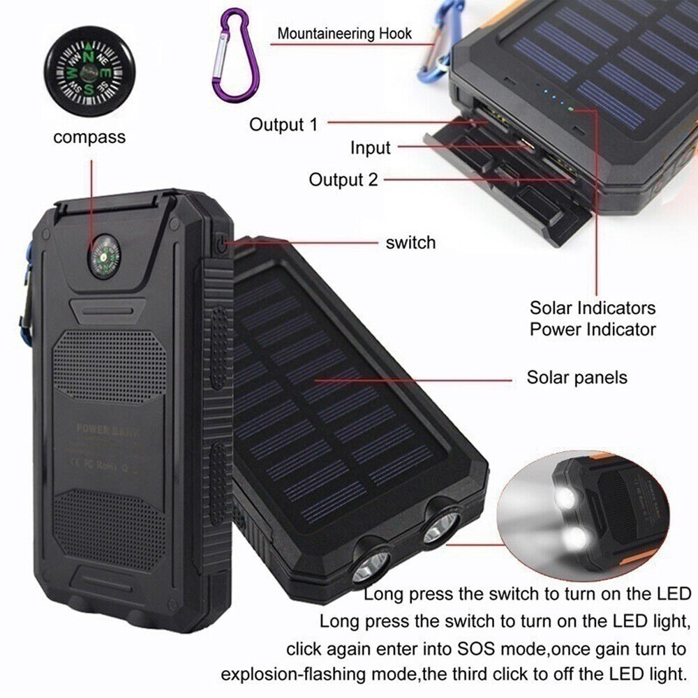 Solar power bank attached to a backpack outdoors