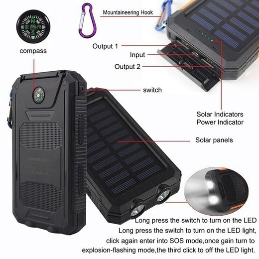 Solar power bank attached to a backpack outdoors