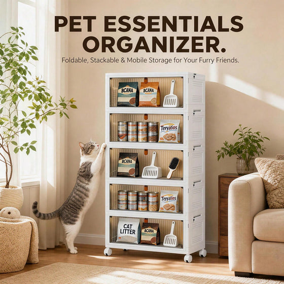 Five-tier stackable pet supplies organizer with a cat in a living room