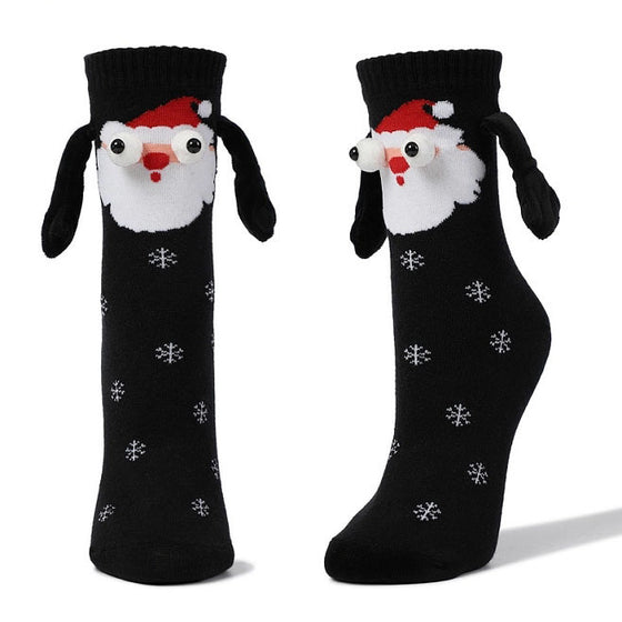 Black Santa Christmas socks with snowflakes and magnetic hands