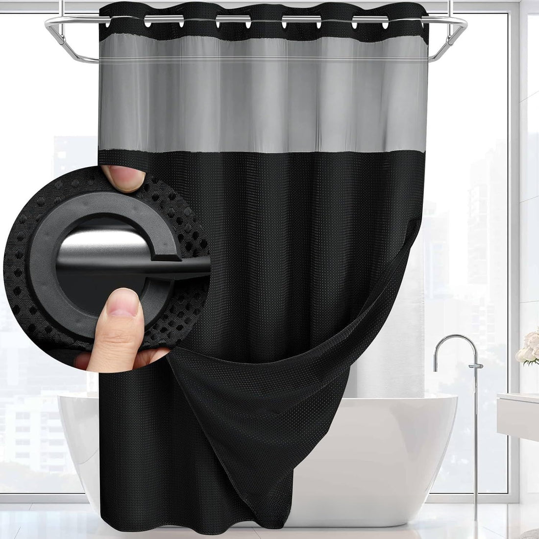Double Layer Waffle Textured Waterproof Polyester Shower Curtain with Large Loops for Bathroom Privacy