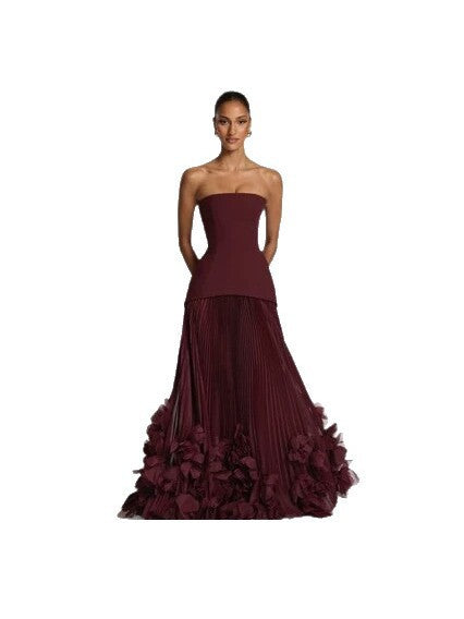 Strapless Petal Embellished Long Evening Dress with Train