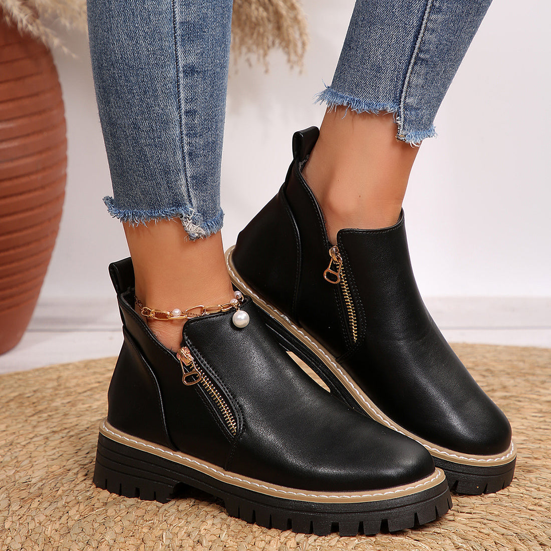 Women's round toe square heel short boots in snake and two-tone styles, photo 1