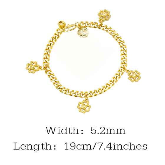 Gold clover charm bracelet with 5.2 mm width and 19 cm length noted