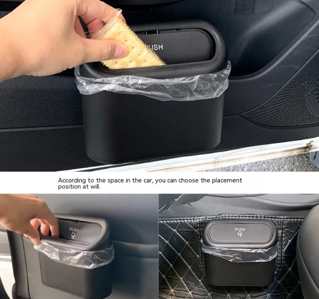 Folding car trash can, mounted by console