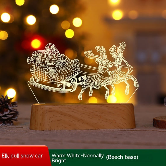 Elk pulling a sleigh 3D acrylic night light, warm white, wood-grain base