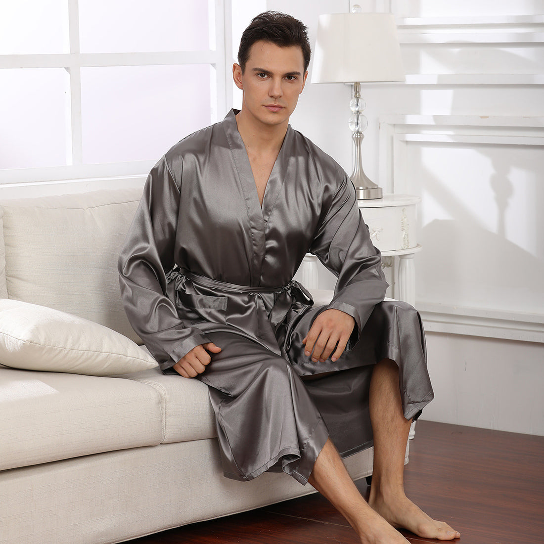 Men's Solid Color Long Sleeve Kimono Robe Thin Bathrobe