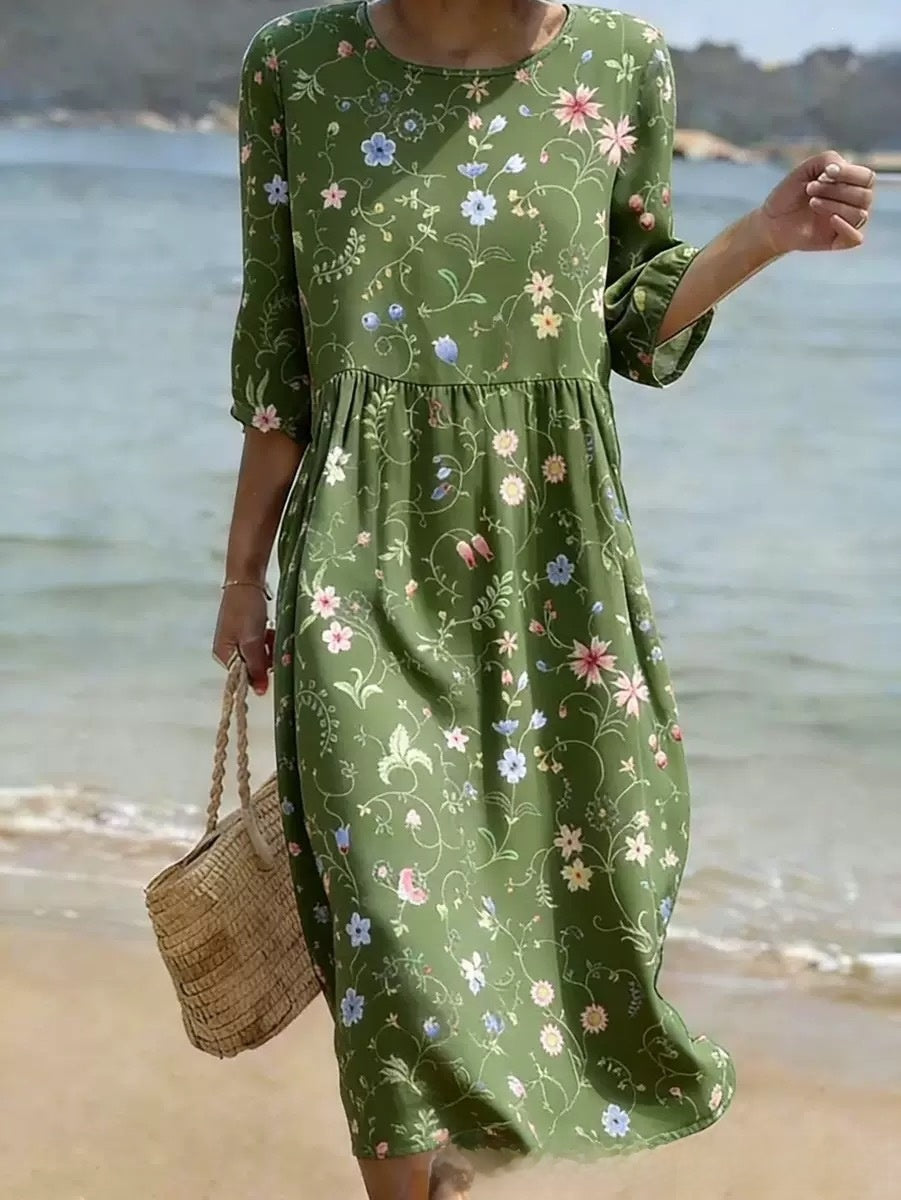 Women's floral print long-sleeved round-neck dress