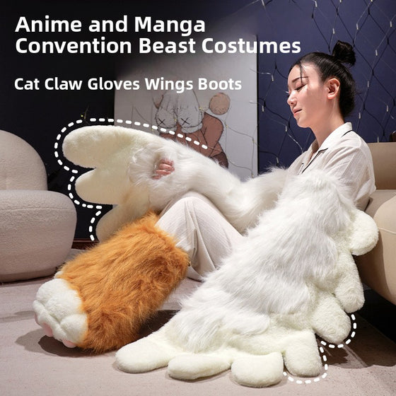 Kawaii Cat Paw Thickened Plush Winter Gloves and Wings Costume Accessories Set