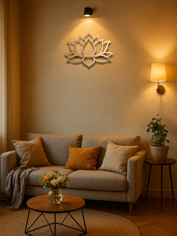 Large lotus metal wall art mounted above a sofa