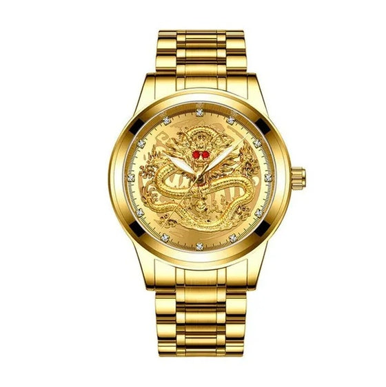 Front view of the gold-tone dragon dial watch and stainless steel band