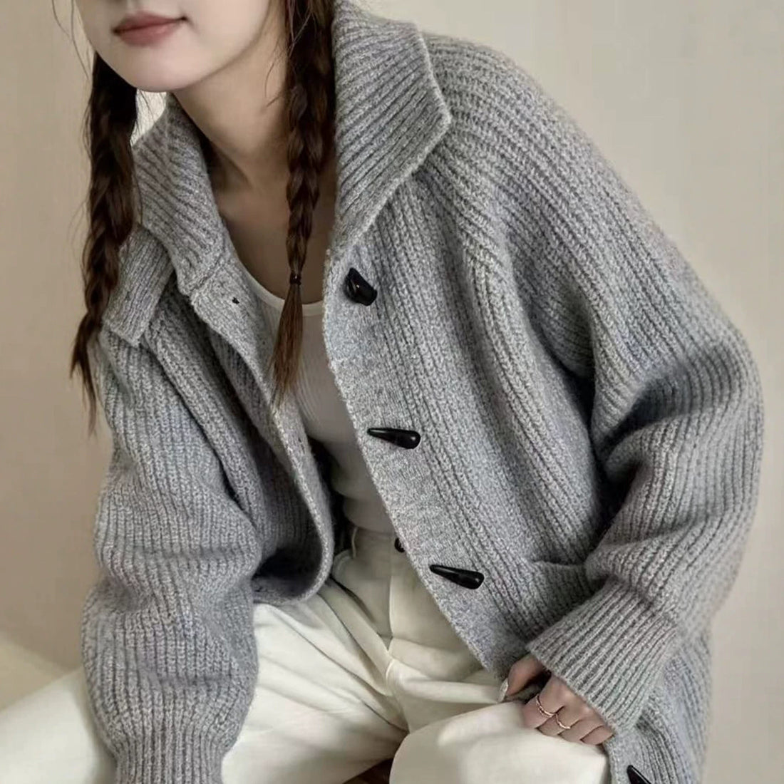 Women Knitted High Collar Cardigan Horn Button Thick Sweater