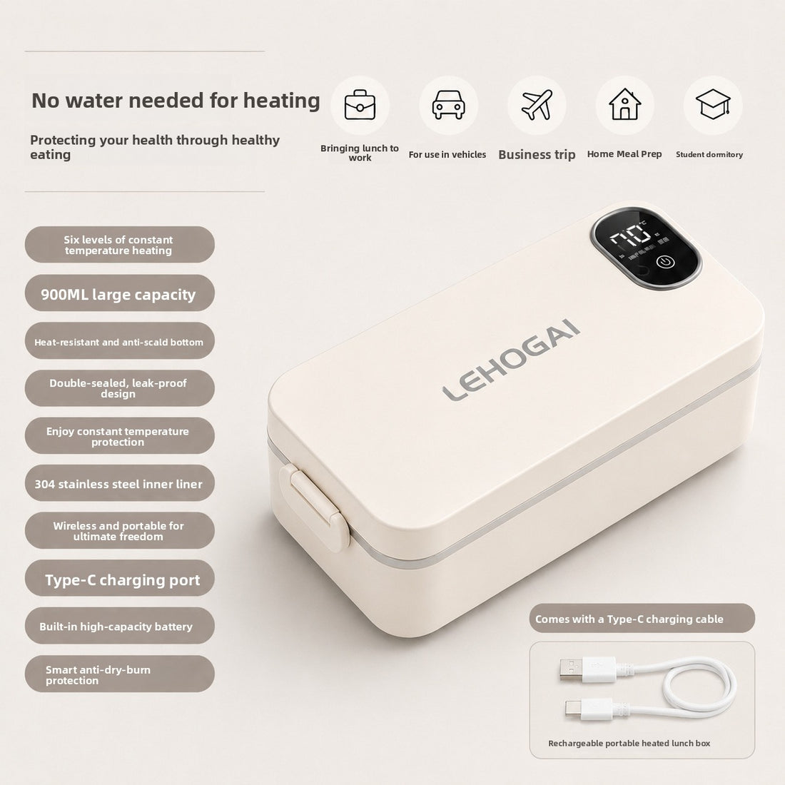 Portable 304 Stainless Steel Waterless Electric Heating Lunch Box