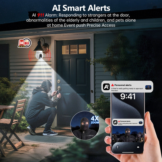 Night alert scene of a person at a front door with phone notification