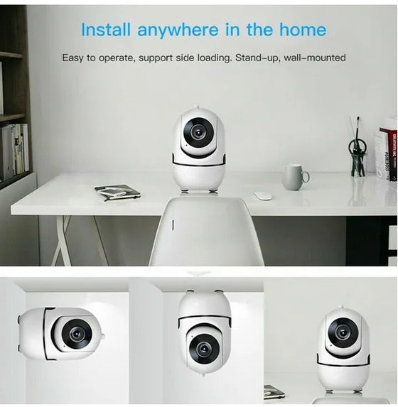 Indoor camera placed on a desk, shelf and wall mount