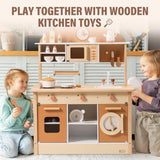 Wooden play kitchen stovetop and sink detail