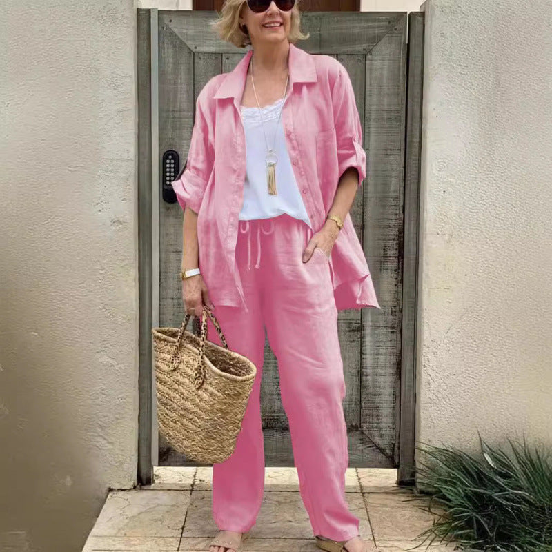 Women's Linen Blend Long Sleeve Shirt Trousers Suit