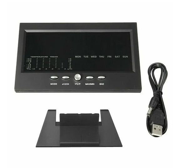 Back of the alarm clock with folding stand and USB cable