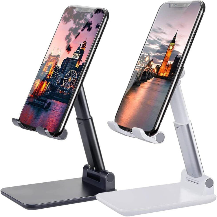 Foldable phone stand for desk holding a smartphone, front view