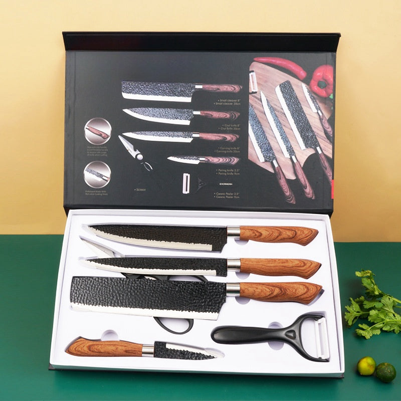 6-piece kitchen knife set components laid out