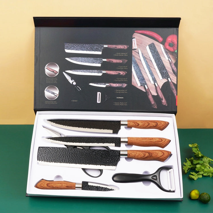 6-piece kitchen knife set components laid out