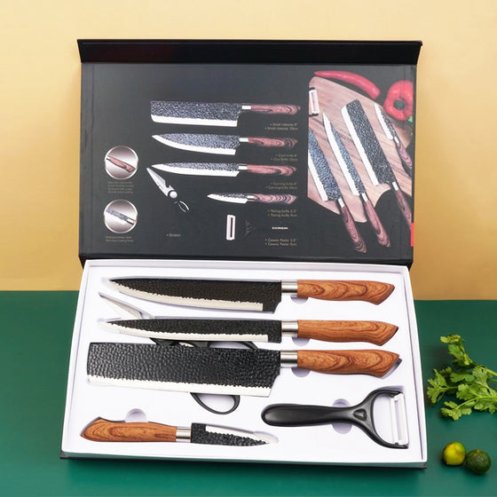 6-piece kitchen knife set with block, chef knife, scissors, and ceramic peeler