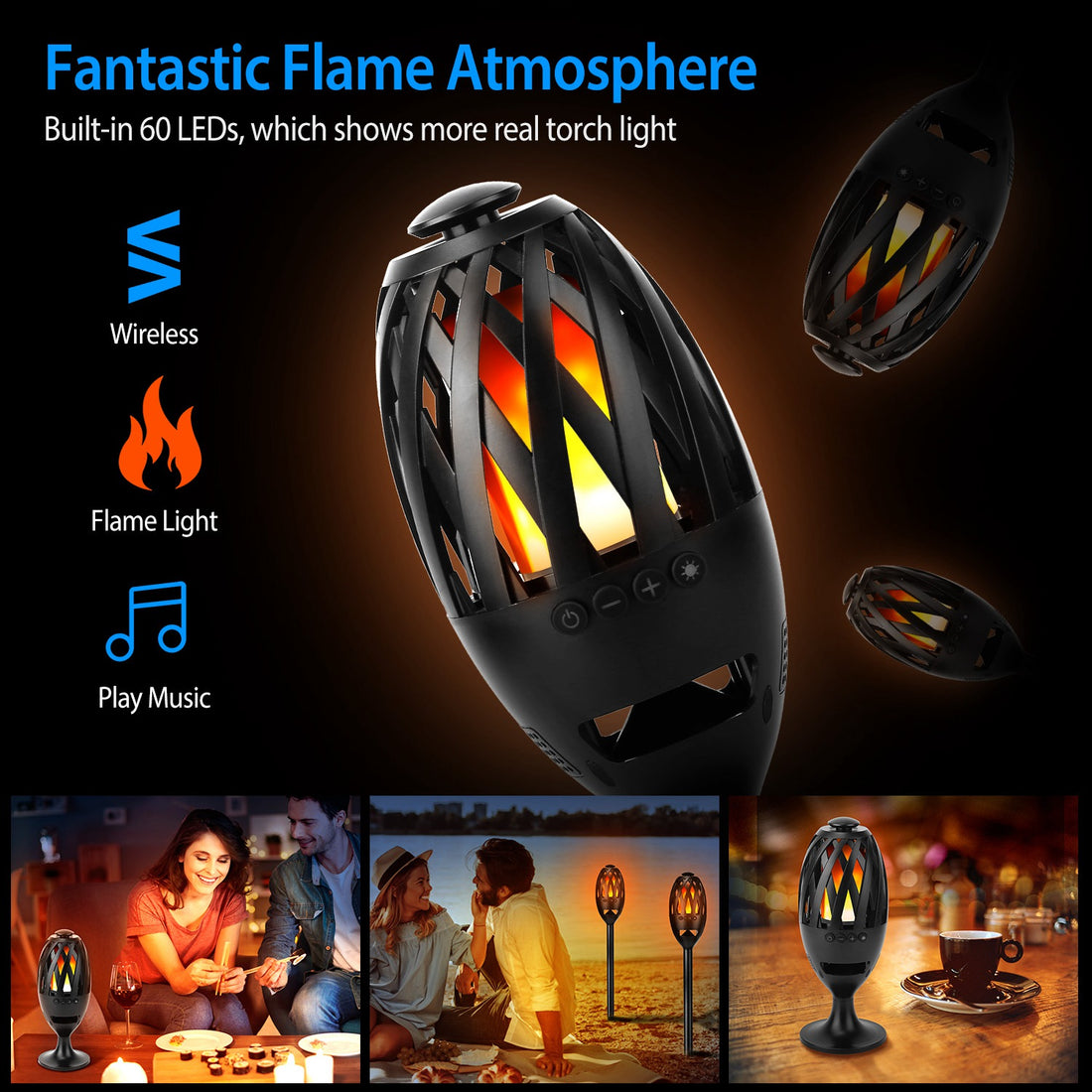 Flickering flame LED speaker with icons for wireless, flame light and music