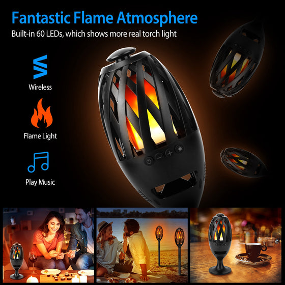 Flickering flame LED speaker with icons for wireless, flame light and music