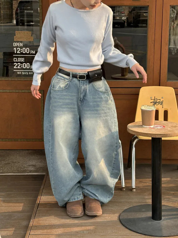 Women?s Retro Washed Wide-Leg Buttoned Hem Denim Jeans