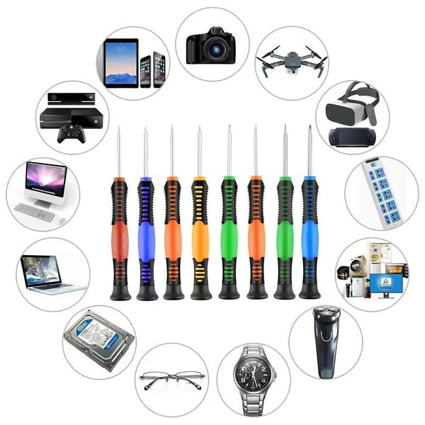 Repair screwdrivers surrounded by devices they fit